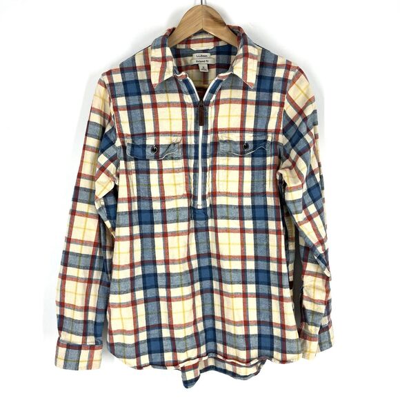 LL Bean Shirt Jacket Size Medium Womens Scotch Plaid Flannel 1/4 Zip Outdoor - Picture 1 of 9